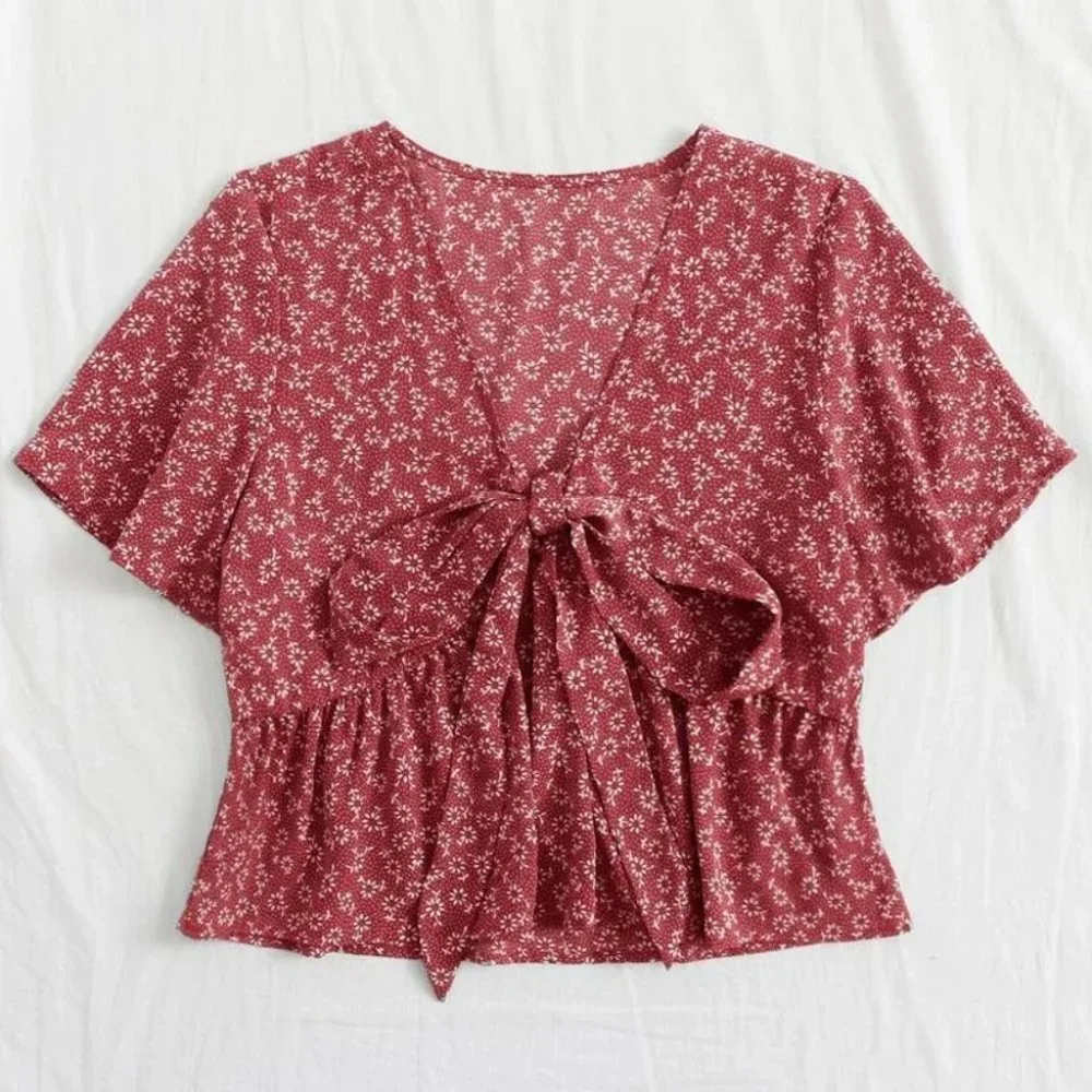 Boho Floral print front tie babydoll peplum crop top ROSE RED